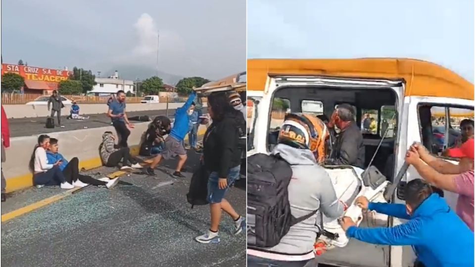Al menos una mujer murió y 16 pasajeros resultaron lesionados por la volcadura de la combi en que viajaban sobre la México-Puebla. (Fuente: Twitter)
