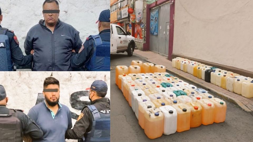 Policías detuvieron a tres huachicoleros en la colonia Tlacoyaque después de ser alertados sobre un grupo de sujetos vendiendo gasolina en plena calle. (Fuente. Twitter/@MrElDiablo8)